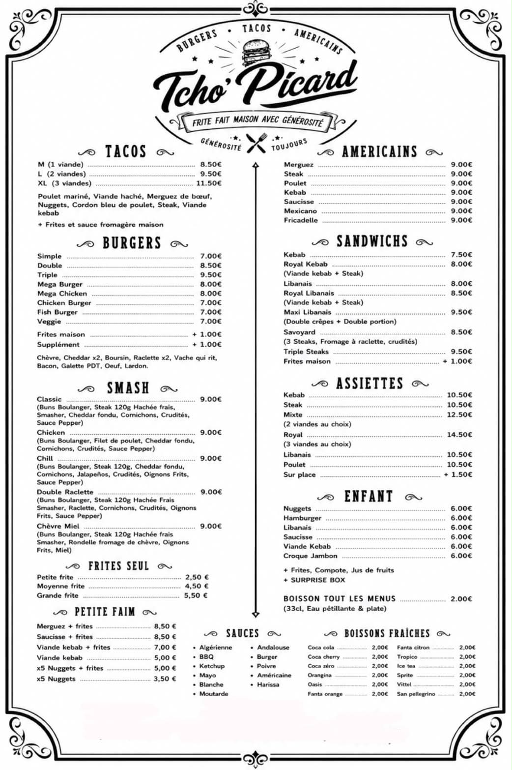 Menu complet Tcho'Picard - Burgers, Tacos, Smash et frites maison à Fouilloy